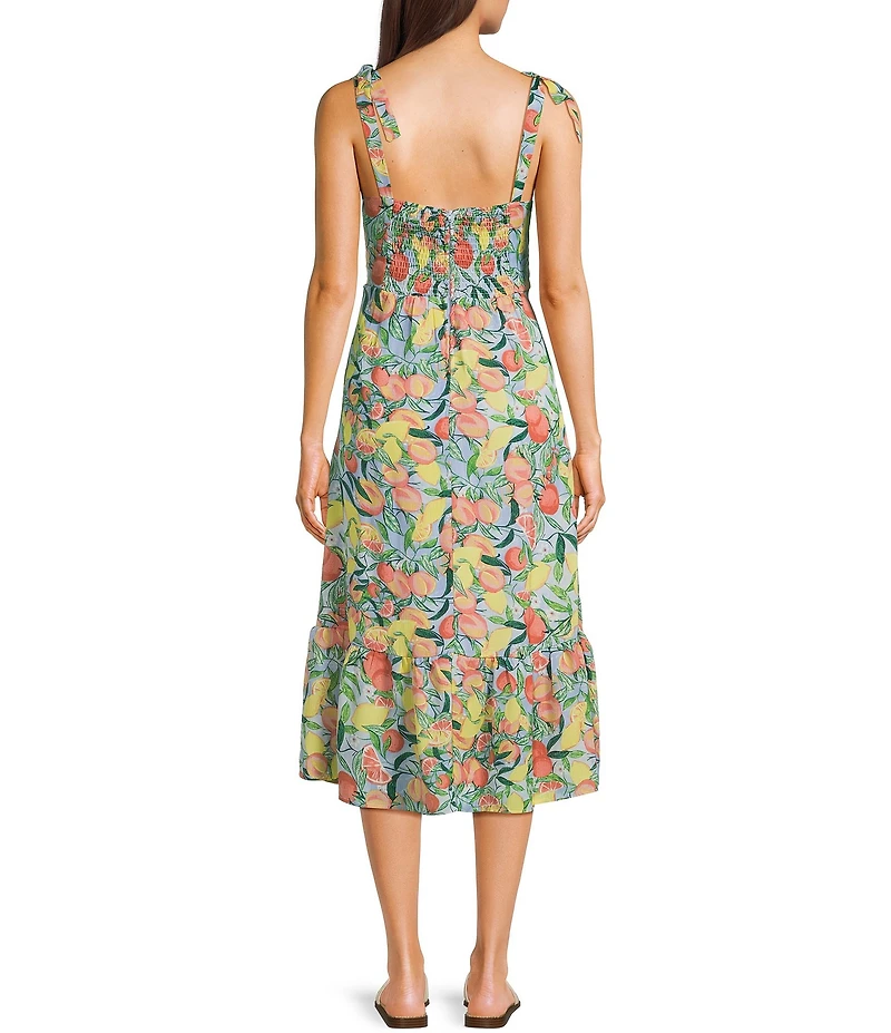 City Vibe Printed Sweetheart Neck Ruffle Tie Strap Midi Dress