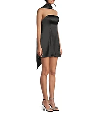 City Vibe Satin Detachable Scarf Strapless A-Line Dress
