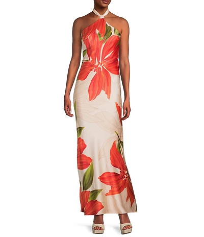 City Vibe Satin Floral Print Halter Neck Tie Back Maxi Dress