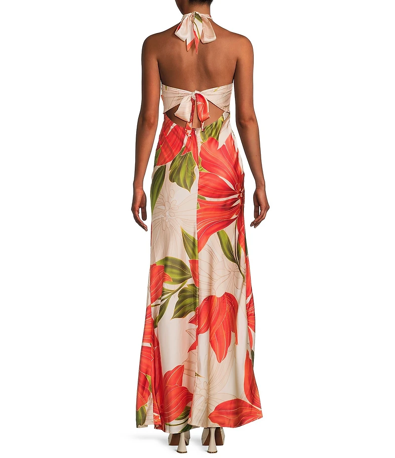 City Vibe Satin Floral Print Halter Neck Tie Back Maxi Dress