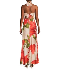 City Vibe Satin Floral Print Halter Neck Tie Back Maxi Dress
