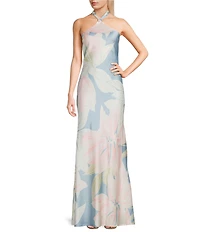 City Vibe Satin Floral Print Halter Neck Tie Back Maxi Dress