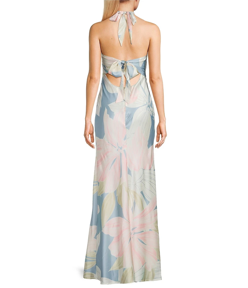 City Vibe Satin Floral Print Halter Neck Tie Back Maxi Dress