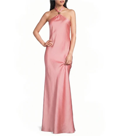 City Vibe Satin Halter Neck Trim Tie Back Maxi Dress