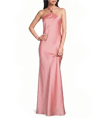 City Vibe Satin Halter Neck Trim Tie Back Maxi Dress