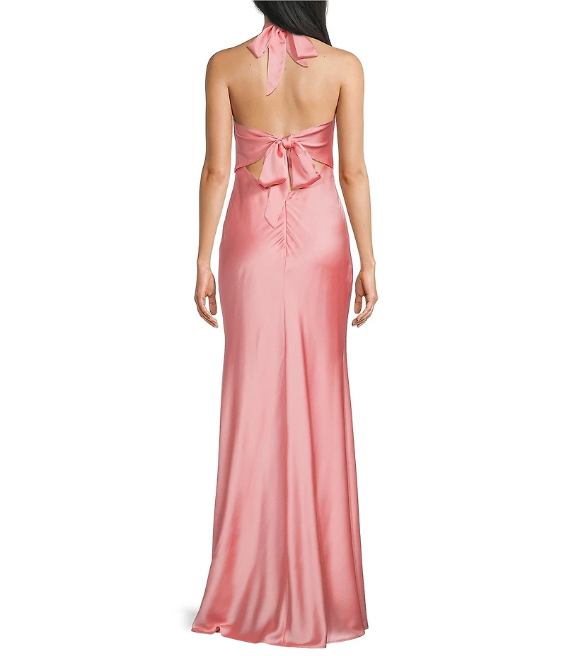 City Vibe Satin Halter Neck Trim Tie Back Maxi Dress