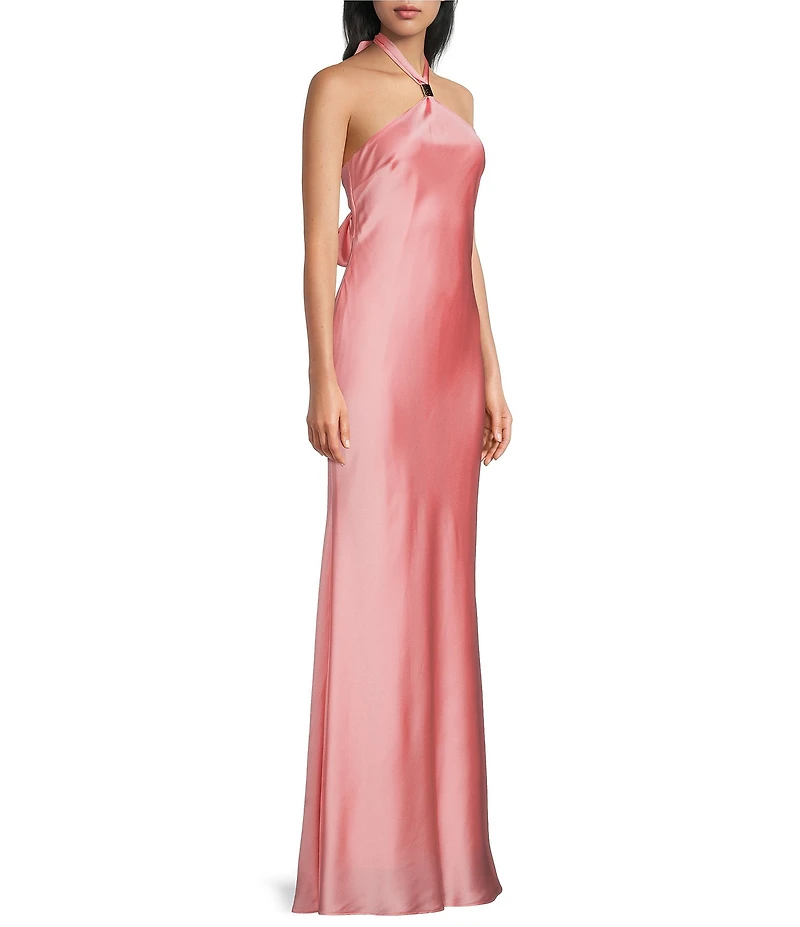 City Vibe Satin Halter Neck Trim Tie Back Maxi Dress