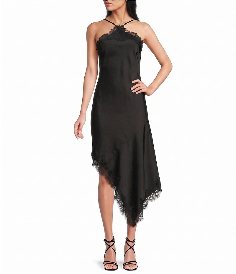City Vibe Satin High Neck Lace Trim Asymmetrical Hem Midi Dress