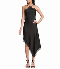 City Vibe Satin High Neck Lace Trim Asymmetrical Hem Midi Dress