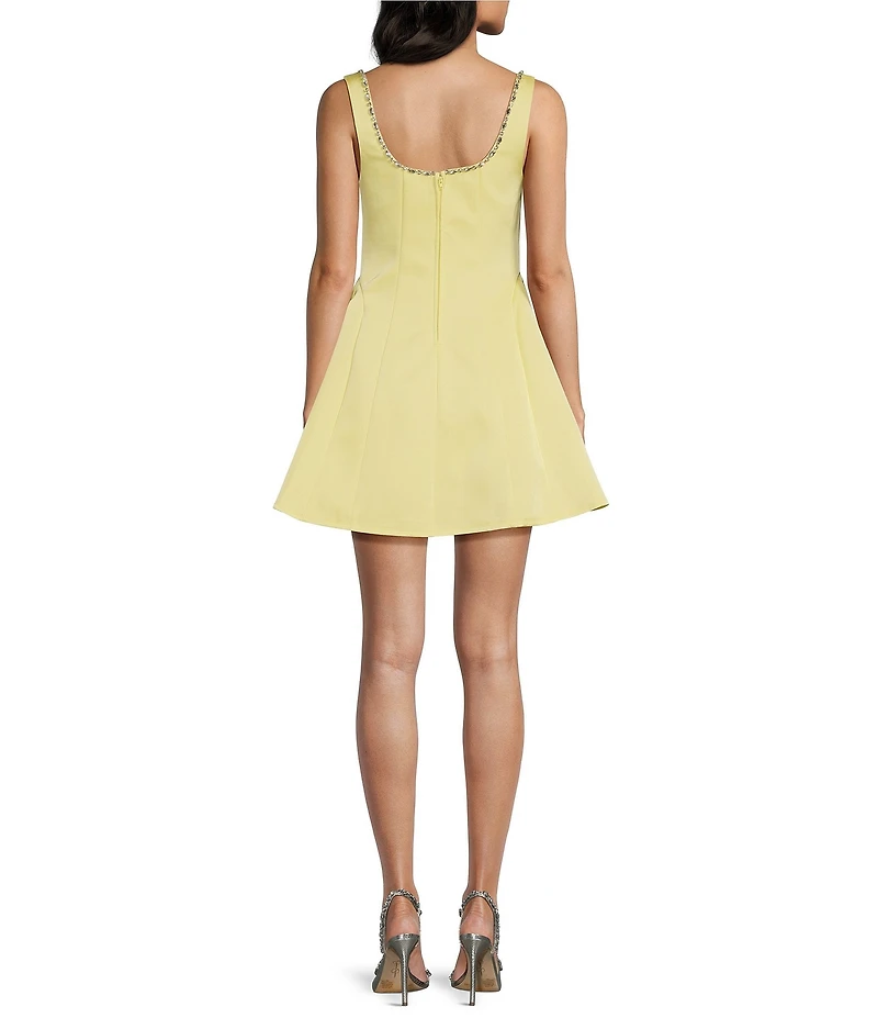 City Vibe Satin Square Neck Rhinestone Trim Dress