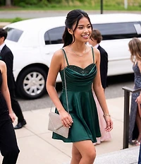 City Vibe Satin Sweetheart Neck Pleated A-Line Dress