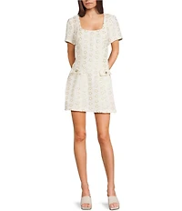 City Vibe Sequin Embellished Floral Printed Square Neck Short Sleeve Flap Pocket Dress