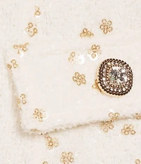 City Vibe Sequin Embellished Floral Printed Square Neck Short Sleeve Flap Pocket Dress