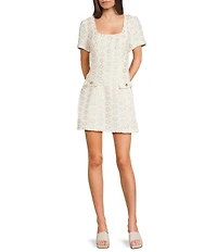 City Vibe Sequin Embellished Floral Printed Square Neck Short Sleeve Flap Pocket Dress