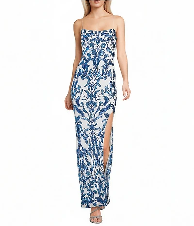 City Vibe Sequin Embellished Straight Neck Lace Up Back Side Slit Dress