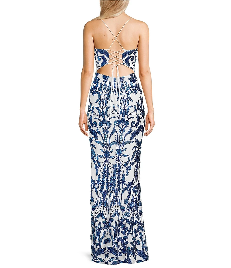 City Vibe Sequin Embellished Straight Neck Lace Up Back Side Slit Dress