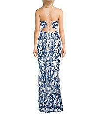 City Vibe Sequin Embellished Straight Neck Lace Up Back Side Slit Dress