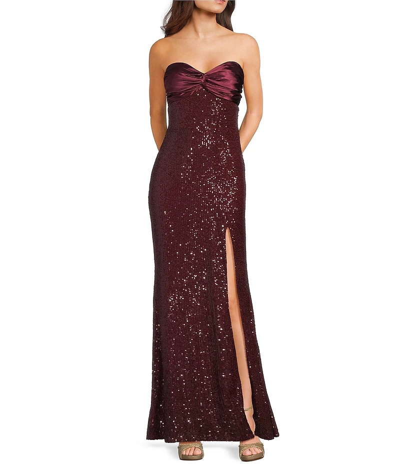 City Vibe Sequin Mesh Strapless Twist Front Bandeau Long Dress