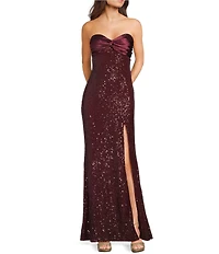 City Vibe Sequin Mesh Strapless Twist Front Bandeau Long Dress