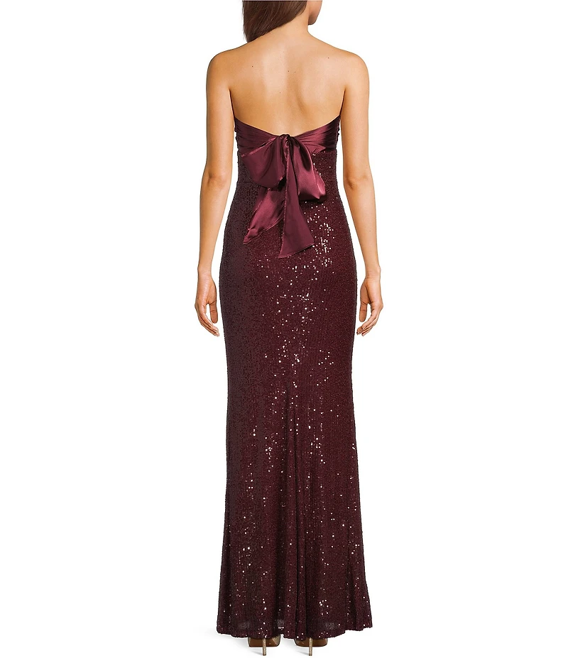 City Vibe Sequin Mesh Strapless Twist Front Bandeau Long Dress
