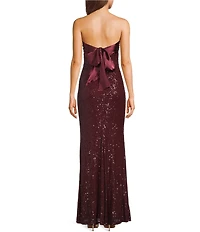 City Vibe Sequin Mesh Strapless Twist Front Bandeau Long Dress