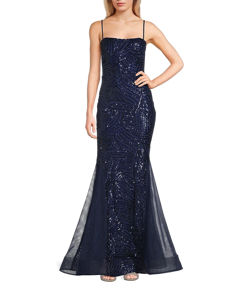 City Vibe Sequin Square Neck Tube Spaghetti Strap Godet Inset Gown
