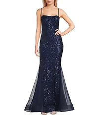 City Vibe Sequin Square Neck Tube Spaghetti Strap Godet Inset Gown
