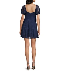 City Vibe Shirred Bodice Puff Bubble Sleeve Lace Mini Dress