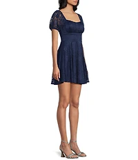 City Vibe Shirred Bodice Puff Bubble Sleeve Lace Mini Dress