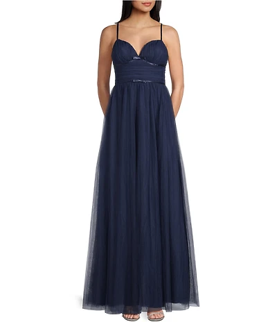 City Vibe Shirred Tulle Plunge Neck Bow Front Ballgown
