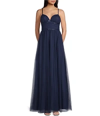 City Vibe Shirred Tulle Plunge Neck Bow Front Ballgown