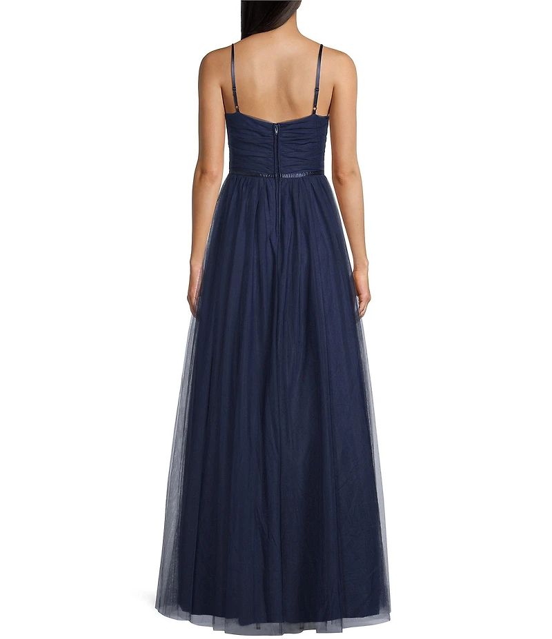 City Vibe Shirred Tulle Plunge Neck Bow Front Ballgown