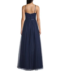City Vibe Shirred Tulle Plunge Neck Bow Front Ballgown