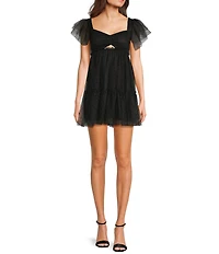 City Vibe Short Flutter Sleeve Tiered Ruched Front Bodice Dress