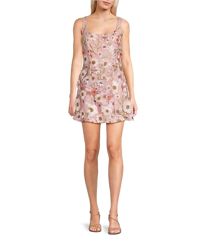 City Vibe Sleeveless 3D Floral Square Neck Lace Up Back Mini Dress