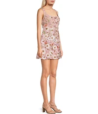 City Vibe Sleeveless 3D Floral Square Neck Lace Up Back Mini Dress