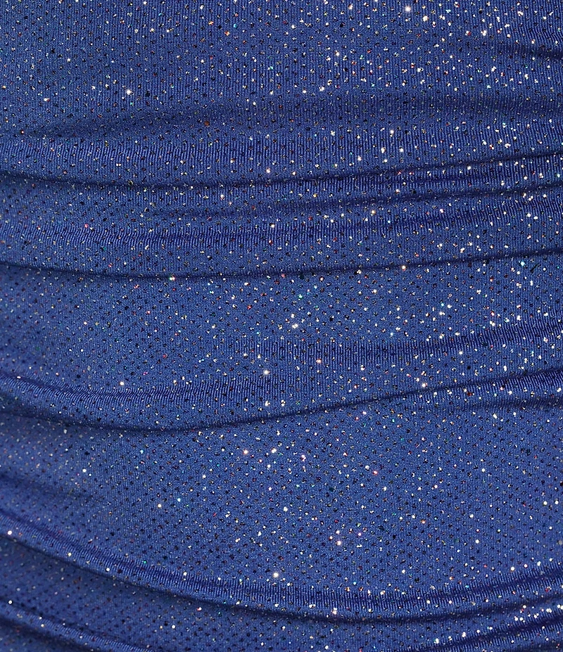 City Vibe Spaghetti Strap Notch Glitter Ruched Lace-Up Back Dress