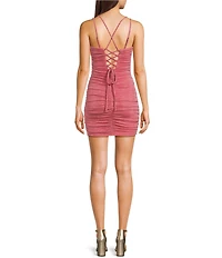 City Vibe Spaghetti Strap Notch Glitter Ruched Lace-Up Back Dress