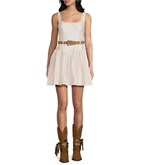 City Vibe Square Neck Belted Shirred Skirt Dress