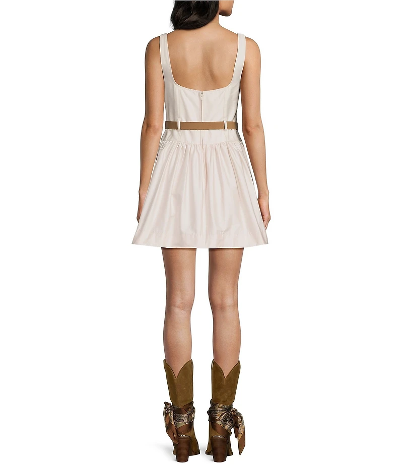 City Vibe Square Neck Belted Shirred Skirt Dress