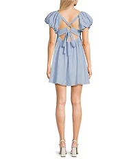 City Vibe Square Neck Puffed Sleeve Pleated Empire Waist Criss Cross Back Babydoll Dress