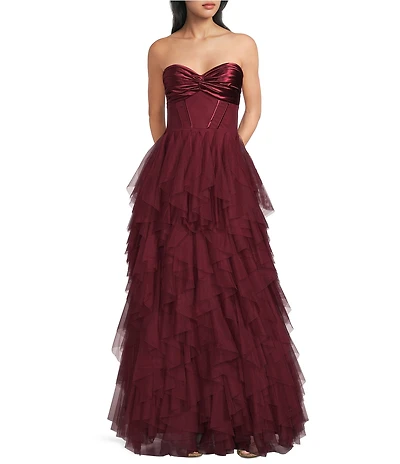 City Vibe Strapless Bandeau Twist Front Corseted Bodice Ruffle Layered Gown