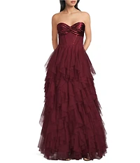 City Vibe Strapless Bandeau Twist Front Corseted Bodice Ruffle Layered Gown