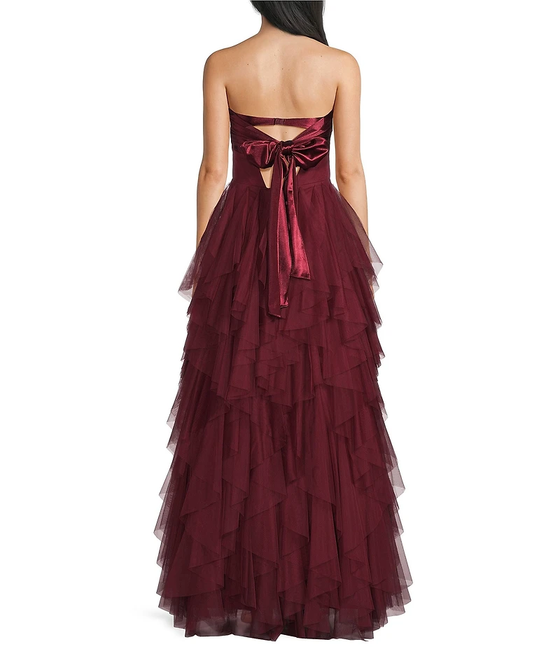 City Vibe Strapless Bandeau Twist Front Corseted Bodice Ruffle Layered Gown