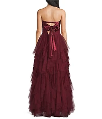 City Vibe Strapless Bandeau Twist Front Corseted Bodice Ruffle Layered Gown