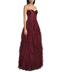 City Vibe Strapless Bandeau Twist Front Corseted Bodice Ruffle Layered Gown