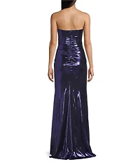 City Vibe Strapless Corset Bustier Bodice Side Faux Wrap Ruched Side Slit Long Dress