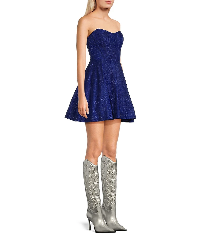 City Vibe Strapless Glitter Point Corset Lace With Rhinestone Skater Party Skirt Dress