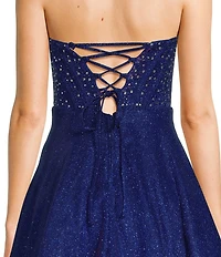 City Vibe Strapless Glitter Point Corset Lace With Rhinestone Skater Party Skirt Dress