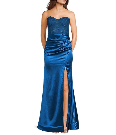 City Vibe Strapless Sweetheart Neck Applique Bodice Side Ruched Long Dress